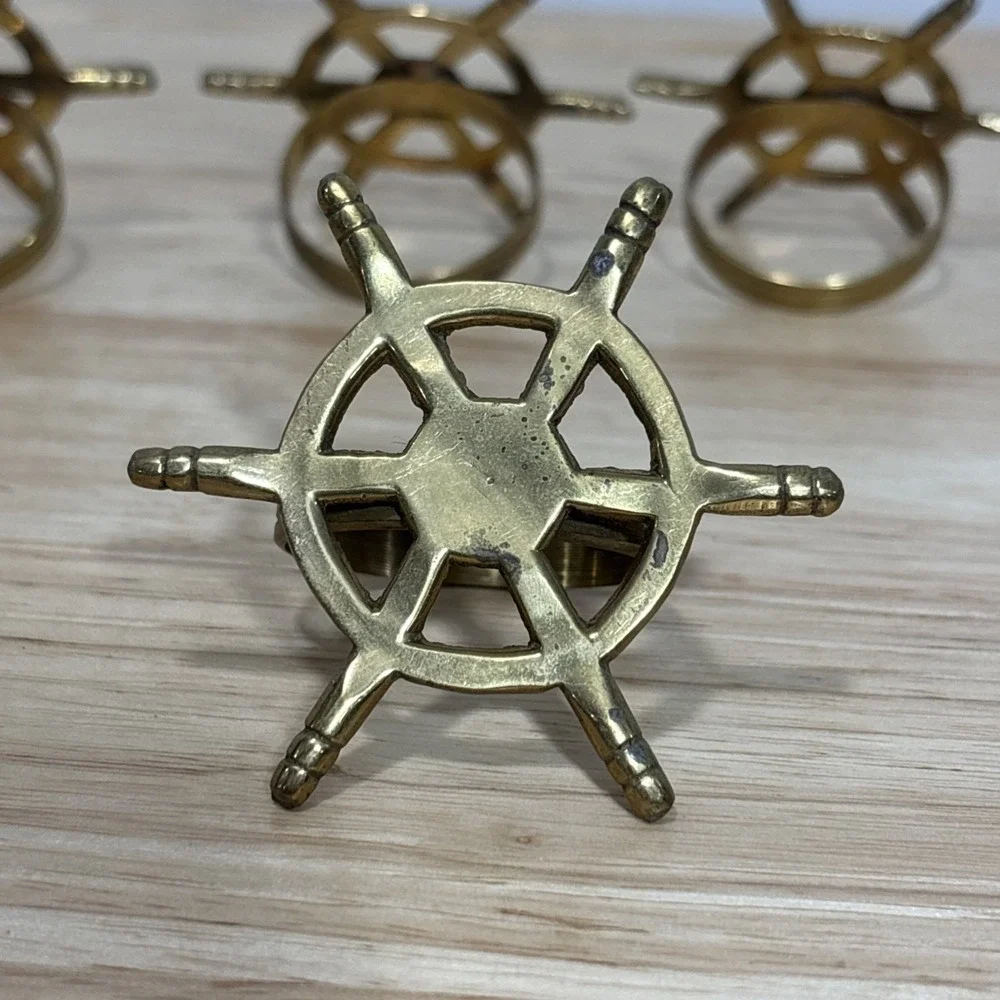 6 Brass Metal Ship Wheel Napkin Rings Nautical Decorative Table Decor Gold Tone